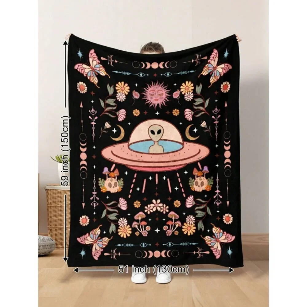 1pc Vintage Occult Alien UFO Butterfly Flower Plant Skull Sun And Moon Blanket